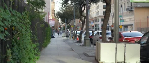 Anamorphic Shot of a Sidewalk in Downtown Los Angeles Stock Footage 232173788