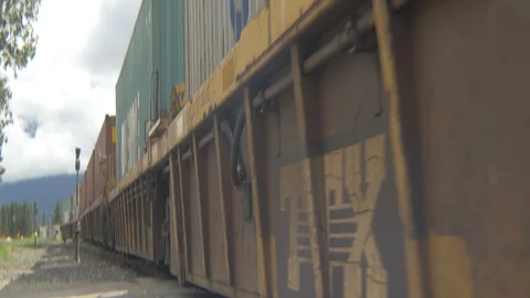 Anamorphic Train Passing Next to Camera Stock Footage