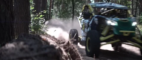 Anamorphic UTV Off Road Extreme Racing in forest. Fast race car extreme racing Stock Footage 247186901