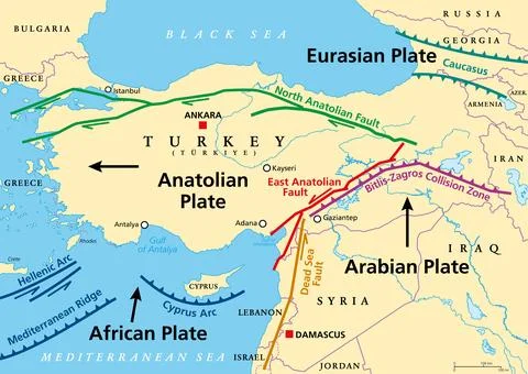 Anatolian Plate map, separated from the Eurasian and Arabian Plate Stock Illustration