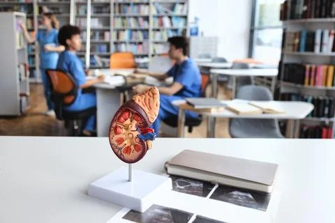 Anatomical cross-section model of human kidney and adrenal gland with ultraso Stock Photos