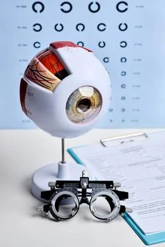 Anatomical eye model with trial frame and vision chart in an ophthalmology of Stock Photos