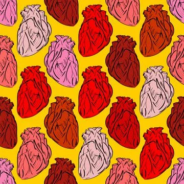 Anatomical Heart hand drawing pattern seamless. Heart engraving background Illustrazione stock