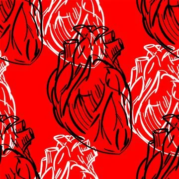 Anatomical Heart hand drawing pattern seamless. Heart engraving background Illustrazione stock