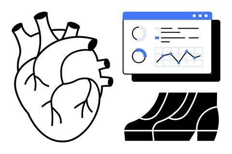 Anatomical heart illustration alongside a data screen showing graph analysis  イラスト素材