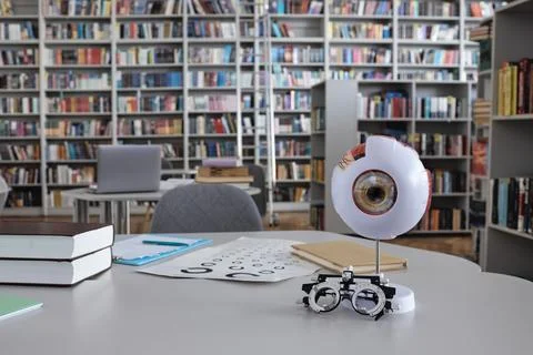 Anatomical human eye model with optometric trial lens frame and vision test c Stock Photos