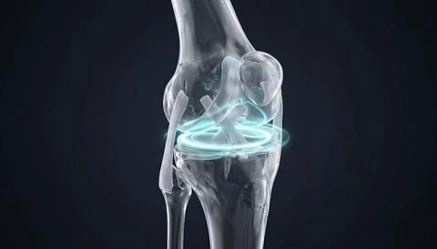 Anatomical knee joint model with blue energy rings and transparent bone view. Stock Illustration