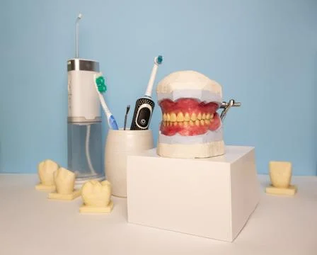 Anatomical model of human teeth and gums with teeth hygiene tools in backgr.. Stock Photos