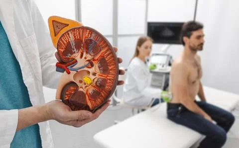 Anatomical model of kidney on background of process of ultrasound examination Stock Photos
