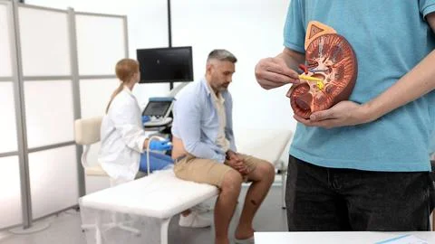 Anatomical model of kidney on background of process of ultrasound examination Stock Photos