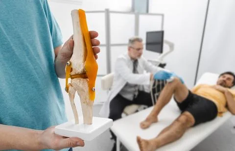Anatomical model of knee bones on background of process of diagnostics of inj Stock Photos