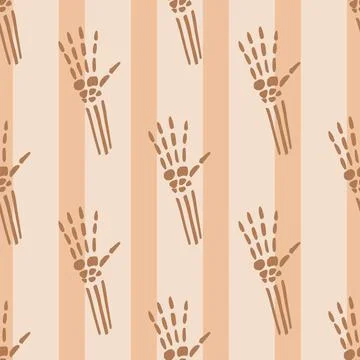 Anatomical seamless pattern with brown outline bones hand ornament. Striped b Stock Illustration