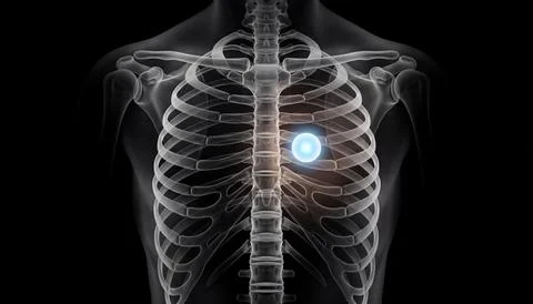 Anatomical view of human rib cage showing a glowing sphere on the left ches.. Stock Illustration