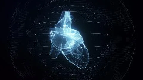Anatomically correct blue digital human heart. Futuristic particle cardiac scan Illustrazione stock