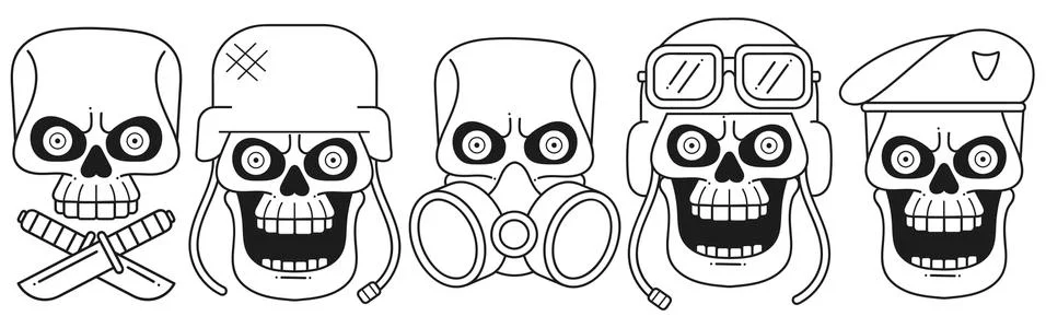 Anatomically Correct Human Skulls Set Isolated. Hand Drawn Line Art Vector Stock Illustration