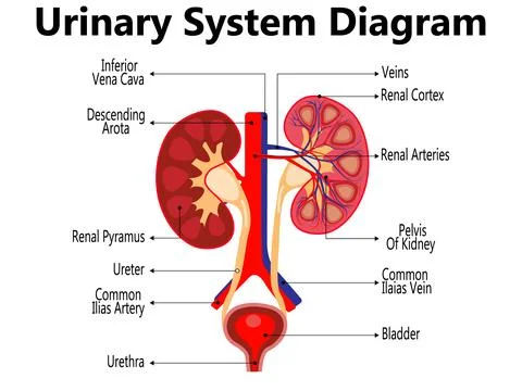 Anatomy of the human urinary system with main parts labeled Stock Illustration
