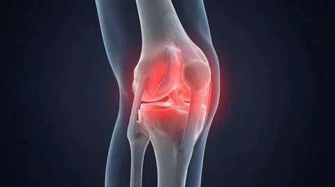Anatomy of knee joint featuring glowing red pain indicator on patella and bon Stock Illustration