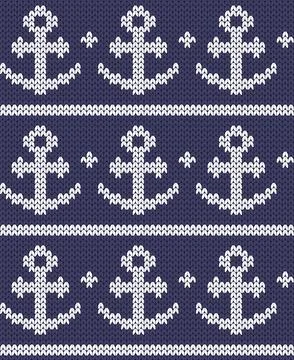 Anchor and stripes seamless pattern with knit texture. Illustrazione stock