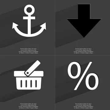 Anchor, Arrow directed down, Basket, Percent icon sign. Set of Symbols with F Stock Illustration