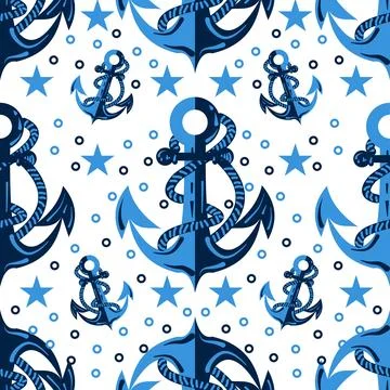 Anchor blue hand drawn vector illustration seamless pattern background Stock Illustration