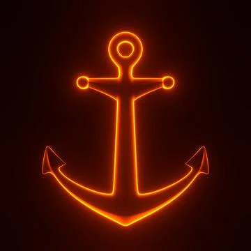 Anchor with bright glowing futuristic orange neon lights on black background Stock Illustration