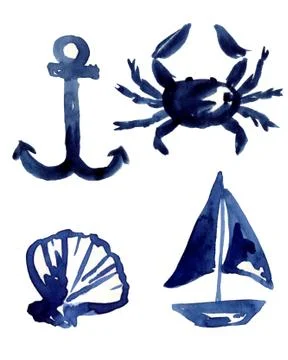 Anchor, crab, shell, ship. Blue watercolor nautical set of icons. Stock Illustration