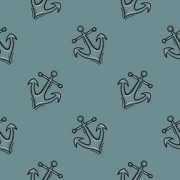 Anchor hand drawn seamless pattern with colored version Stock Illustration