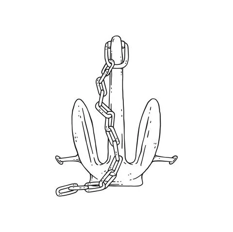 Anchor with iron chain. Vector black white doodle sketch isolated illustration. Stock Illustration