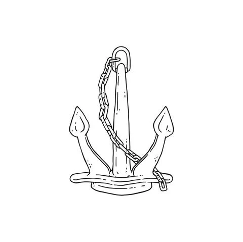 Anchor with iron chain. Vector black white doodle sketch isolated illustration. Stock Illustration