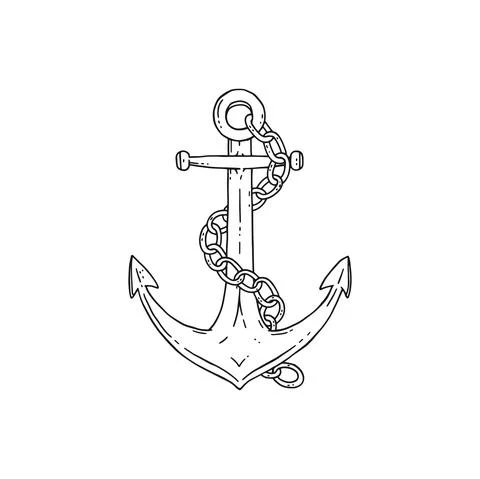 Anchor with iron chain. Vector black white doodle sketch isolated illustration. Stock Illustration