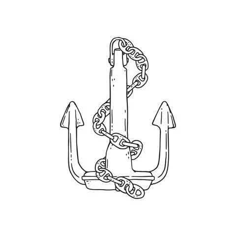 Anchor with iron chain. Vector black white doodle sketch isolated illustration. Stock Illustration