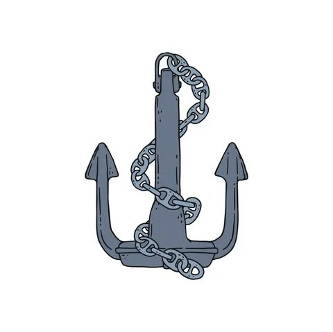 Anchor with iron chain. Vector doodle sketch outline isolated illustration. Stock Illustration