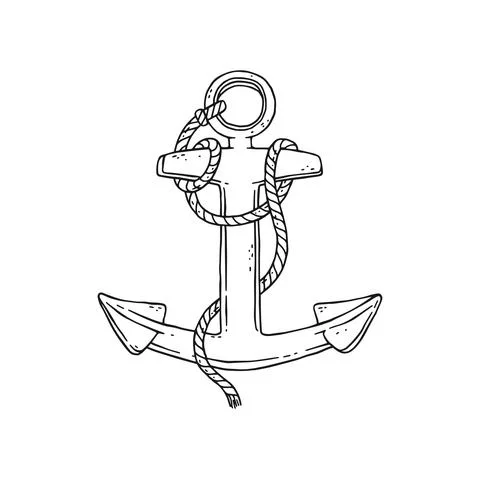 Anchor with rope. Vector black white doodle sketch isolated illustration. Stock Illustration