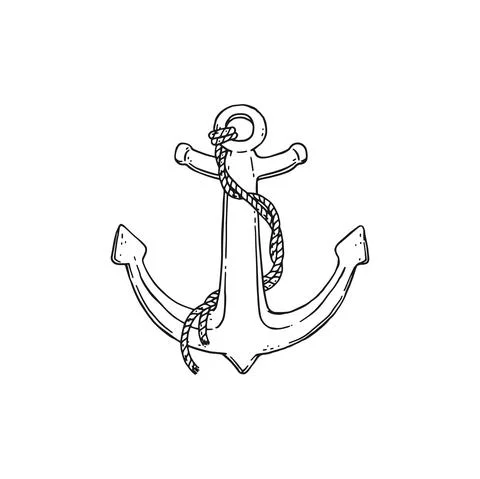 Anchor with rope. Vector black white doodle sketch isolated illustration. Stock Illustration