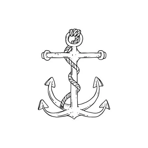 Anchor with rope. Vector black white doodle sketch isolated illustration. Stock Illustration