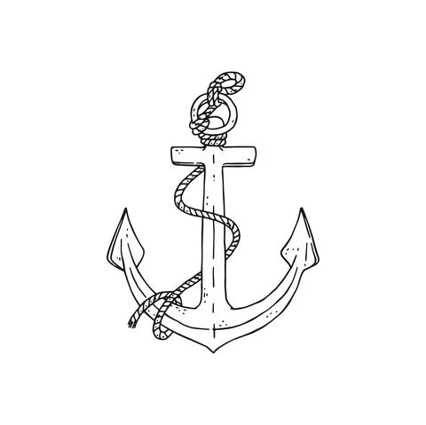 Anchor with rope. Vector black white doodle sketch isolated illustration. Stock Illustration