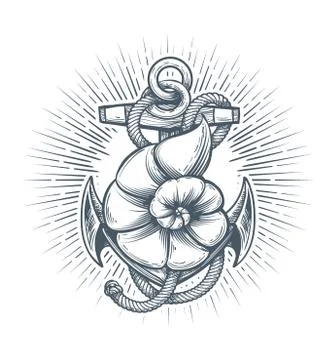 Anchor with Seashell Nautical Emblem. Vector illustration. Illustrazione stock