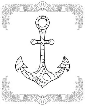 Anchor with shell borders - vector linear picture for coloring. Stock Illustration