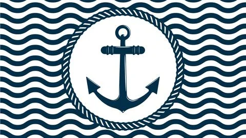 Anchor ship inside ring of thick rope against background of seamless pattern Stock Illustration