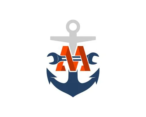 Anchor ship with m letter initial and repair wrench inside Stock Illustration