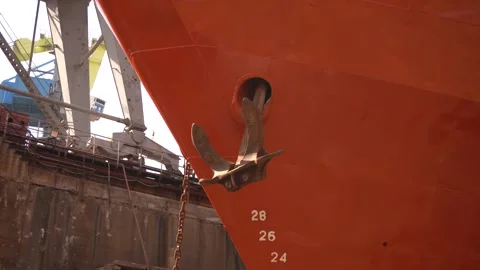Anchor of ship. Vessel ashore on ship repairing yard. Anchor Installation. Stock Footage 307831747