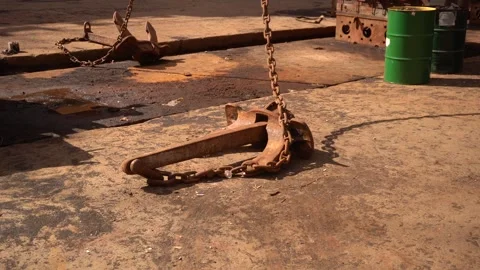 Anchor of ship. Vessel ashore on ship repairing yard. Anchor Installation. Stock Footage 307832560