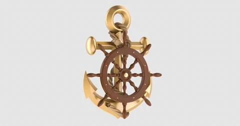 Anchor with ship wheel and rope, rotation animation seamlessly loopable. 3D.. Stock Footage 331889745