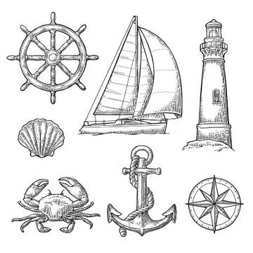 Anchor, wheel, sailing ship, compass rose, shell, crab, lighthouse engraving Stock Illustration