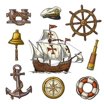 Anchor, wheel, sailing ship, compass rose, spyglass, lighthouse engraving Stock Illustration