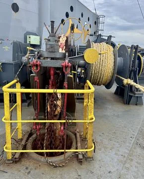 Anchor Windlass on Cargo Ship Deck. Maritime Anchoring Equipment Stock Photos