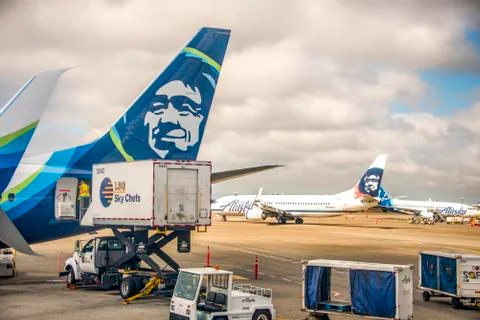 ANCHORAGE, AK -AUG 31, 2017- Airplanes are lined up at the Ted Stevens Anchor Stock Photos