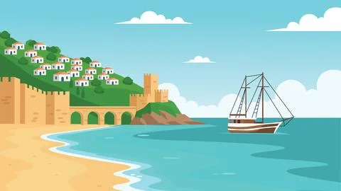 Anchored Ship Mediterranean Beach Flat Design Illustration Illustrazione stock