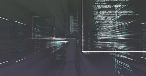 Anchoring large glowing code panel pointing toward center in data corridor, with Stock-Fotos