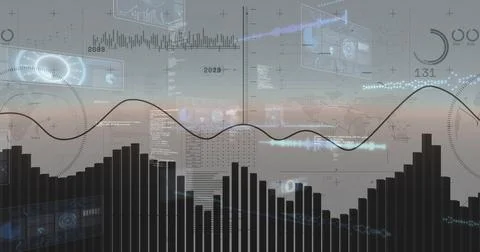Anchoring vertical bar chart spanning lower frame on dashboard, showing sine Stock Photos